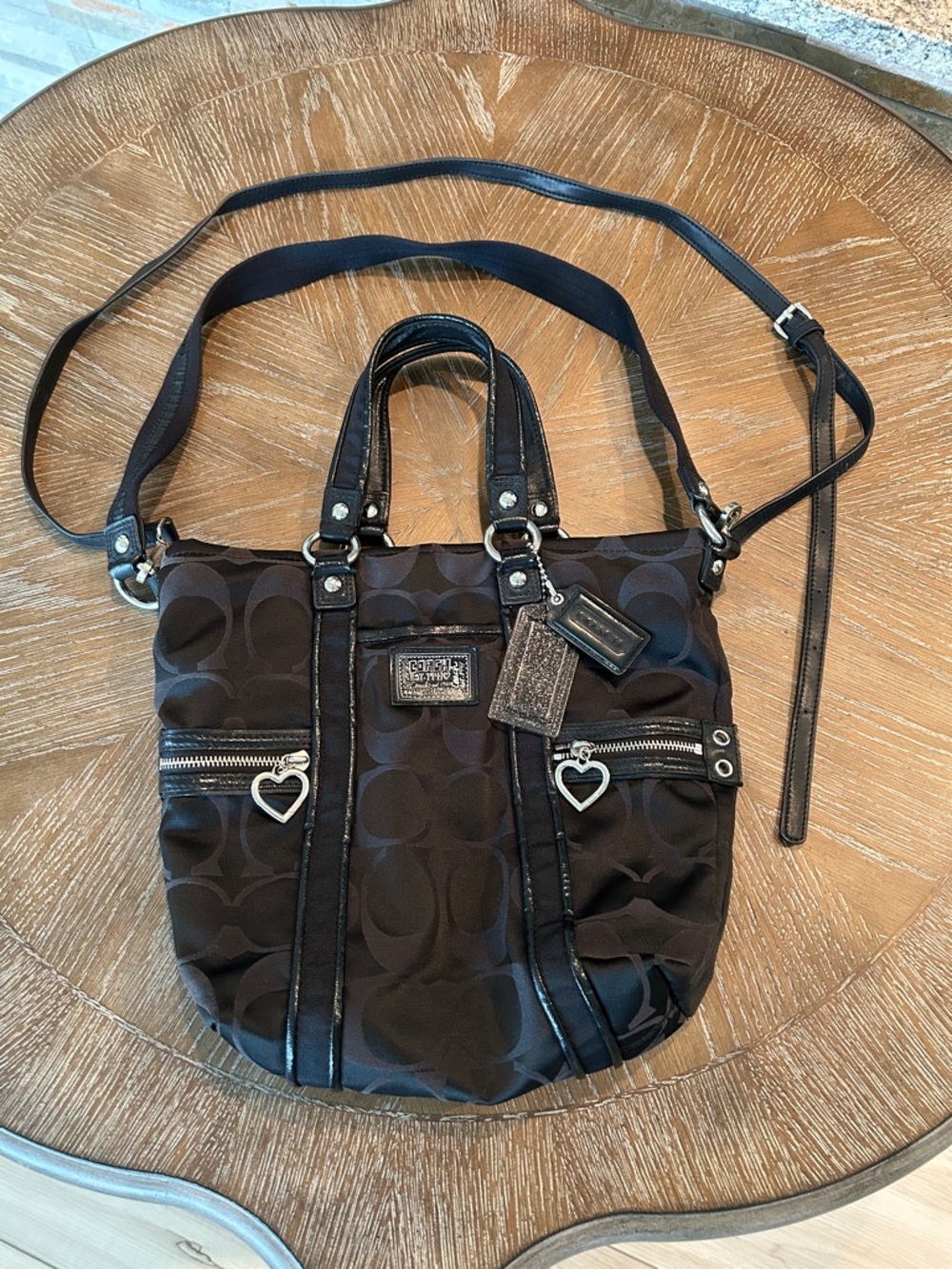 Coach Black Signature Heart-Zip Shoulder Bag